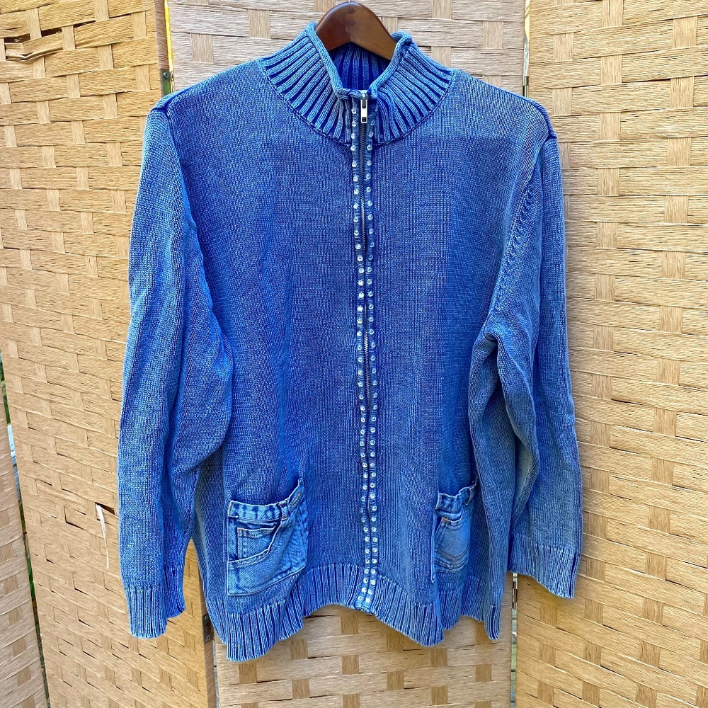 Quacker Factory Blue Knit Crystal Embellished Full Zip Sweater 2X Denim Pockets